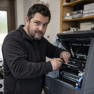 Dirk Morsbach bei der Reparatur eines Druckers