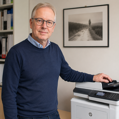 Stephan Hessenius neben einem Drucker